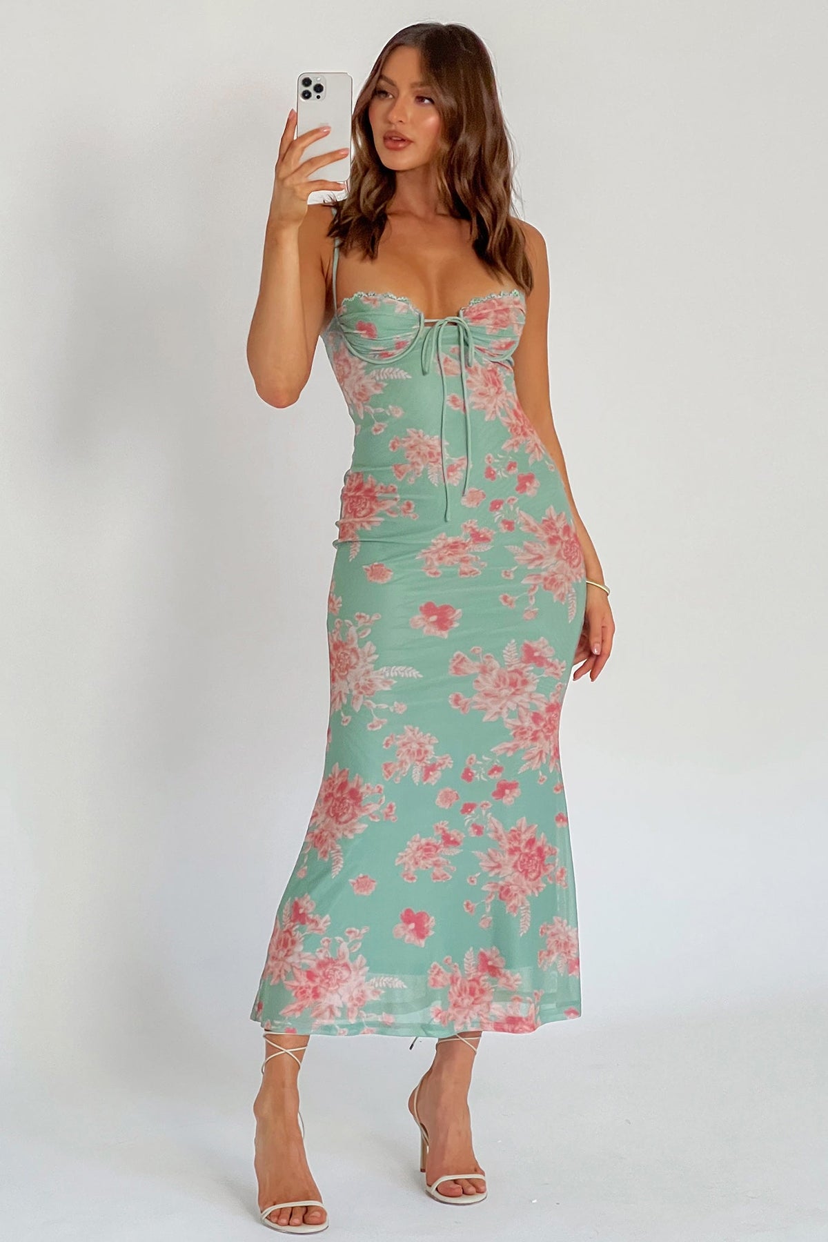 Fortune Lace Trim Mesh Midi Dress Green