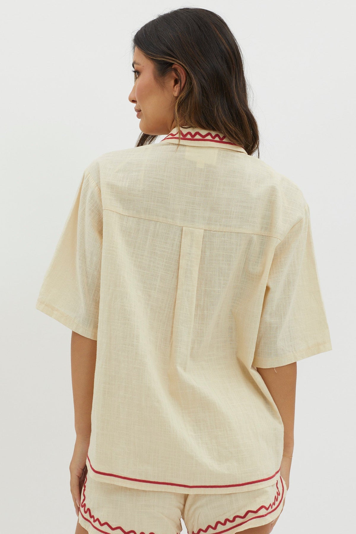 On Vacay Button-Up Shirt Embroidered Beige