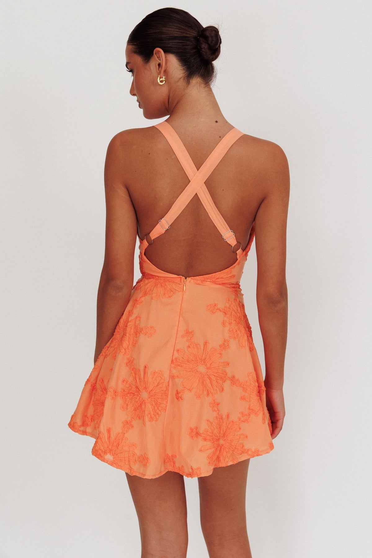 Lavalle Criss-Cross Floral Embellished Mini Dress Orange