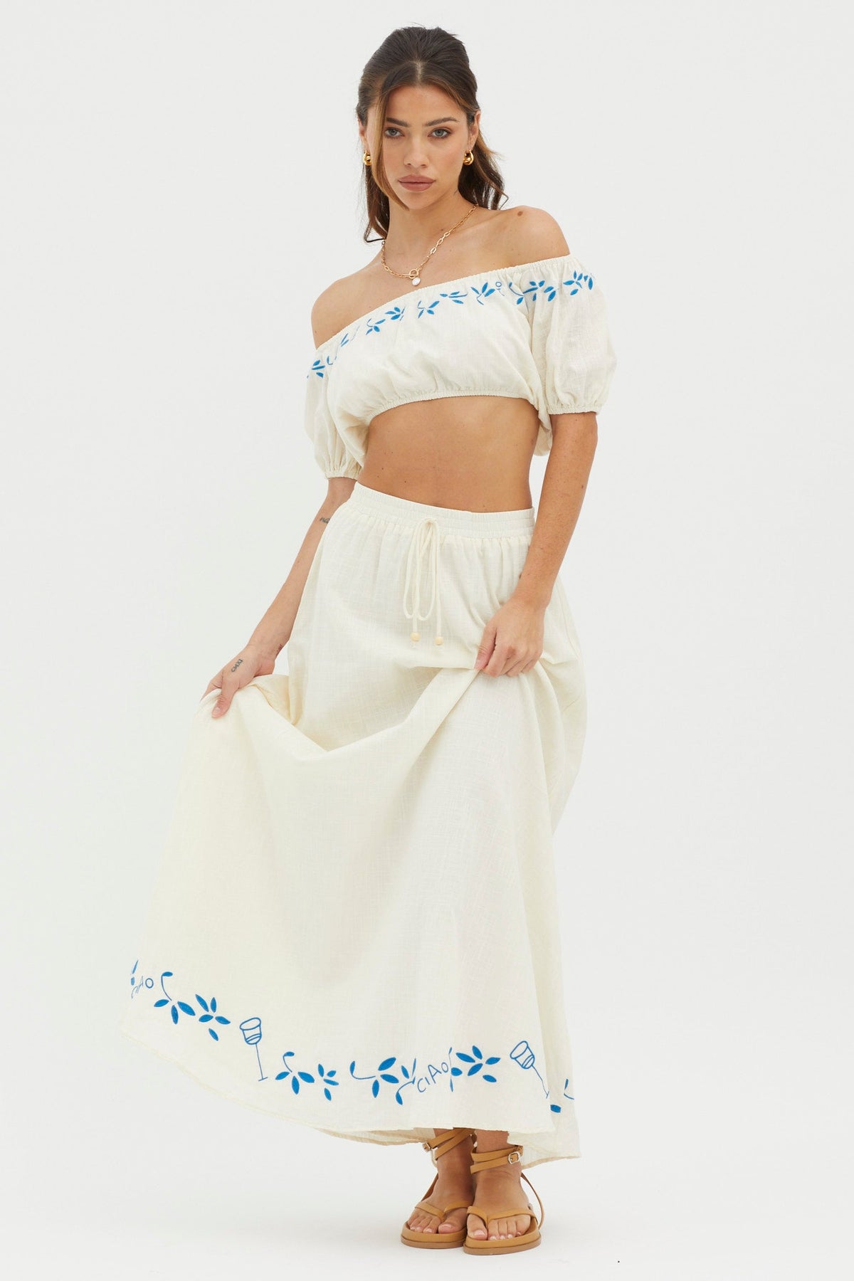 Ritual Puff Sleeve Embroidered Crop Top Beige