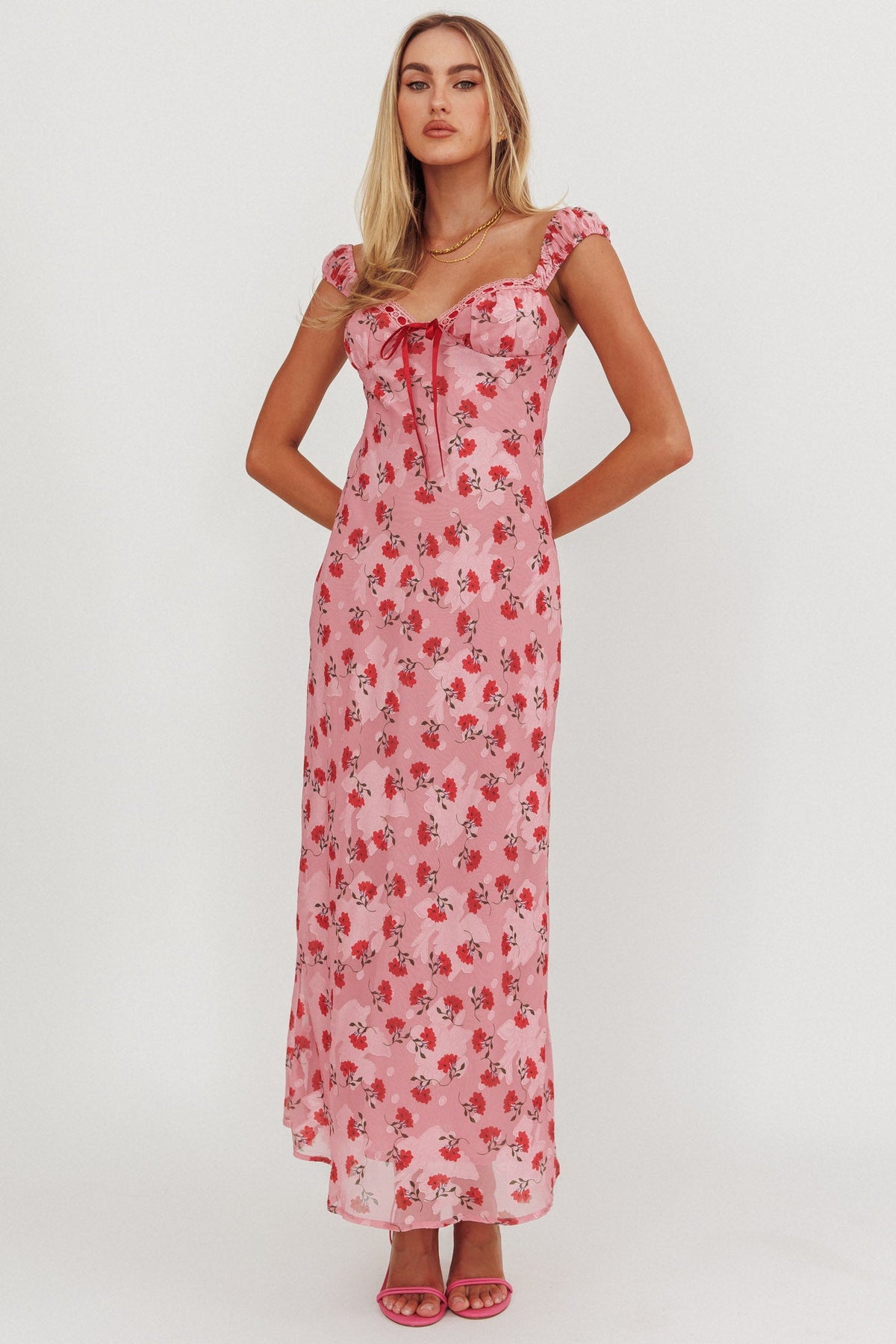 Femme Belle Ribbon Trim Maxi Dress Floral Pink