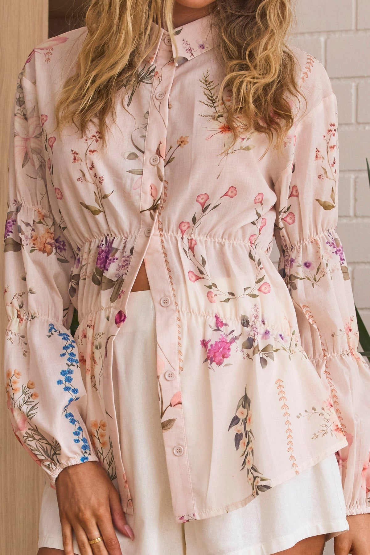 Mirrie Long Sleeve Button Down Top Floral Cream