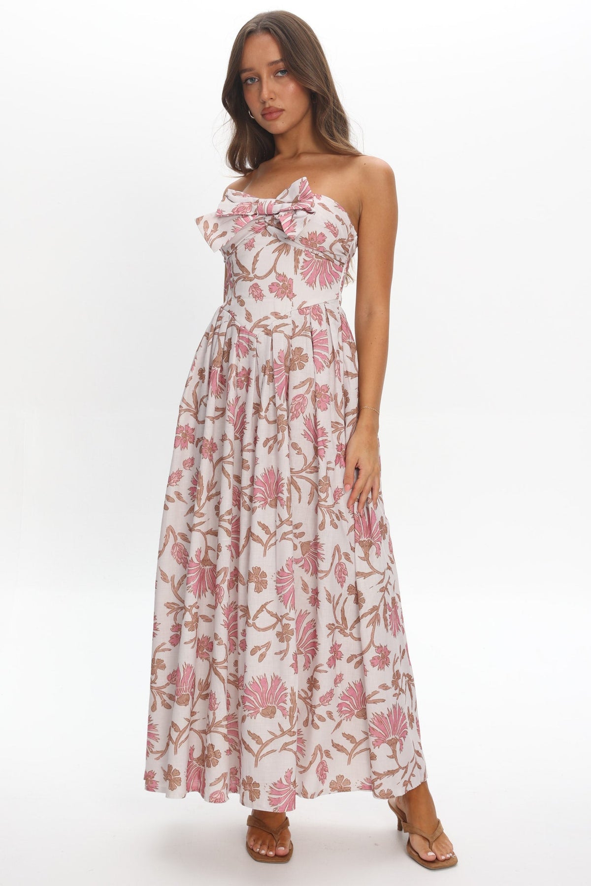 Summer Field Bow Bust Maxi Dress Floral Beige