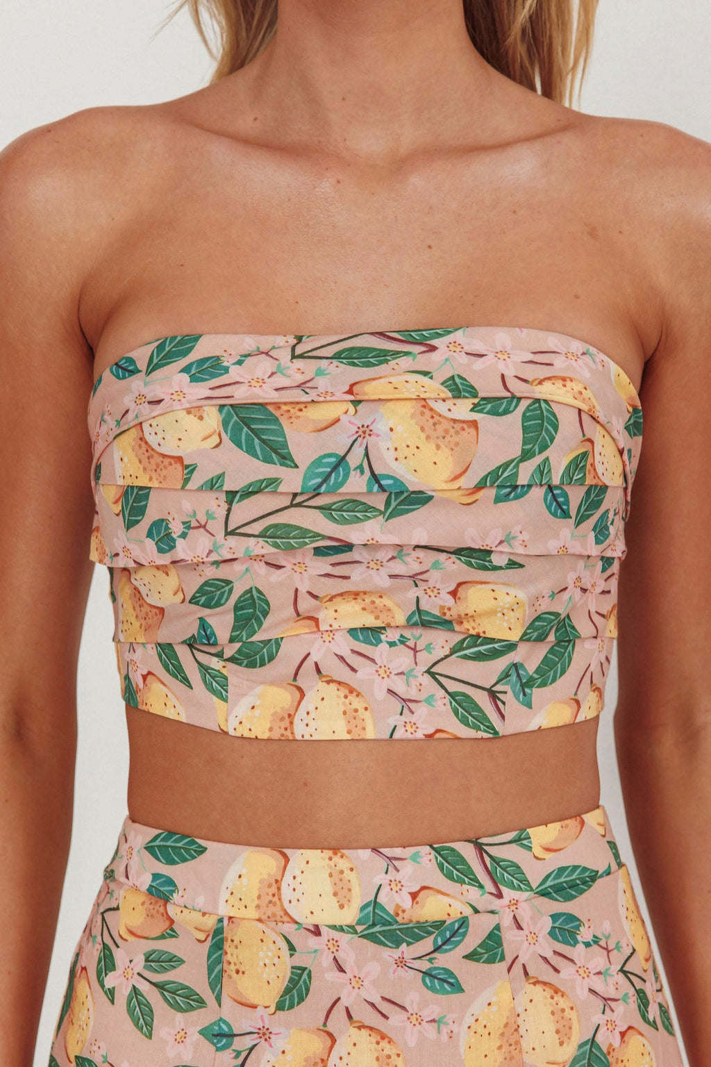 Ezmeralda Strapless Pleat Crop Top Lemon
