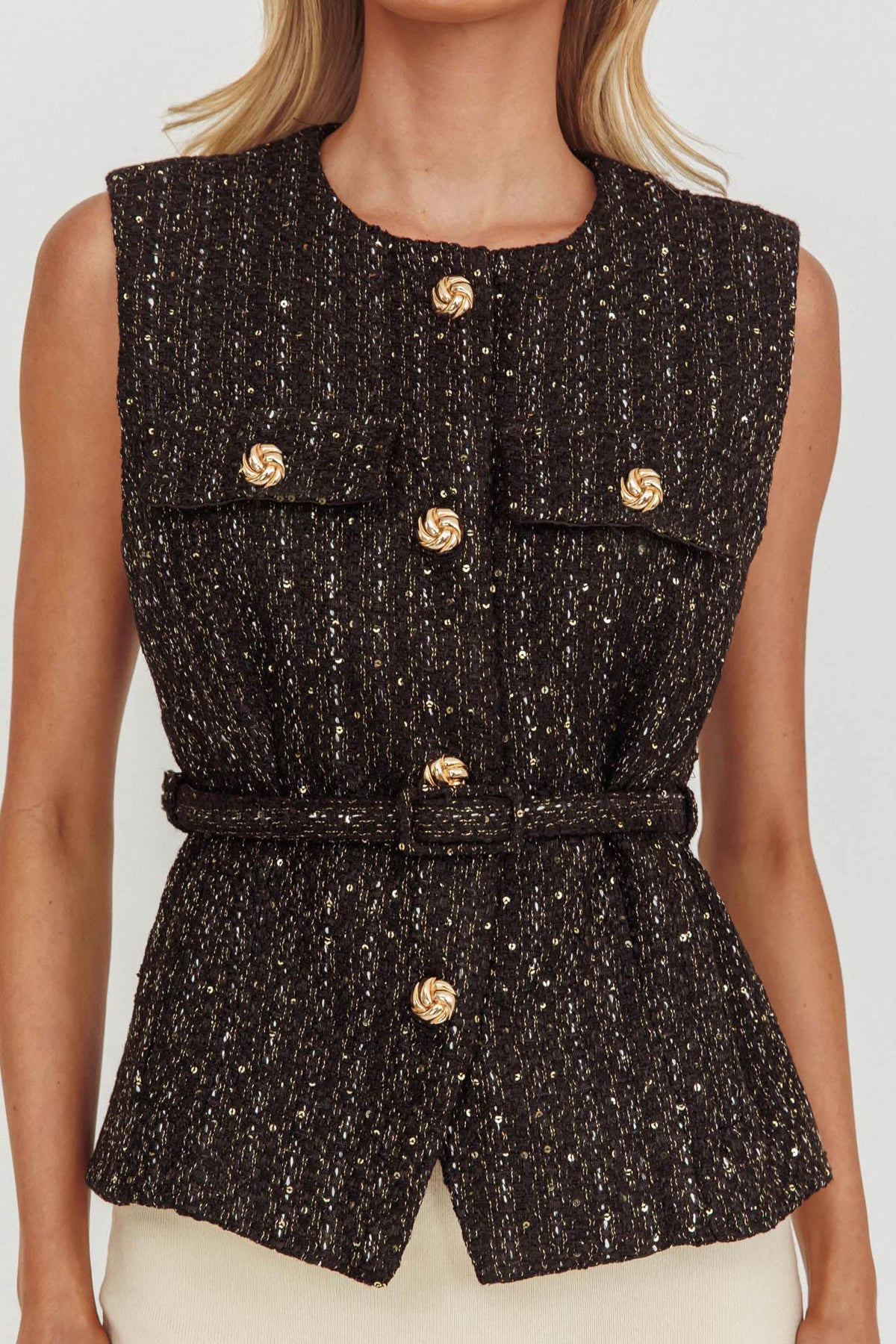 Zephyra Tweed Waist Belt Top Sequin Black
