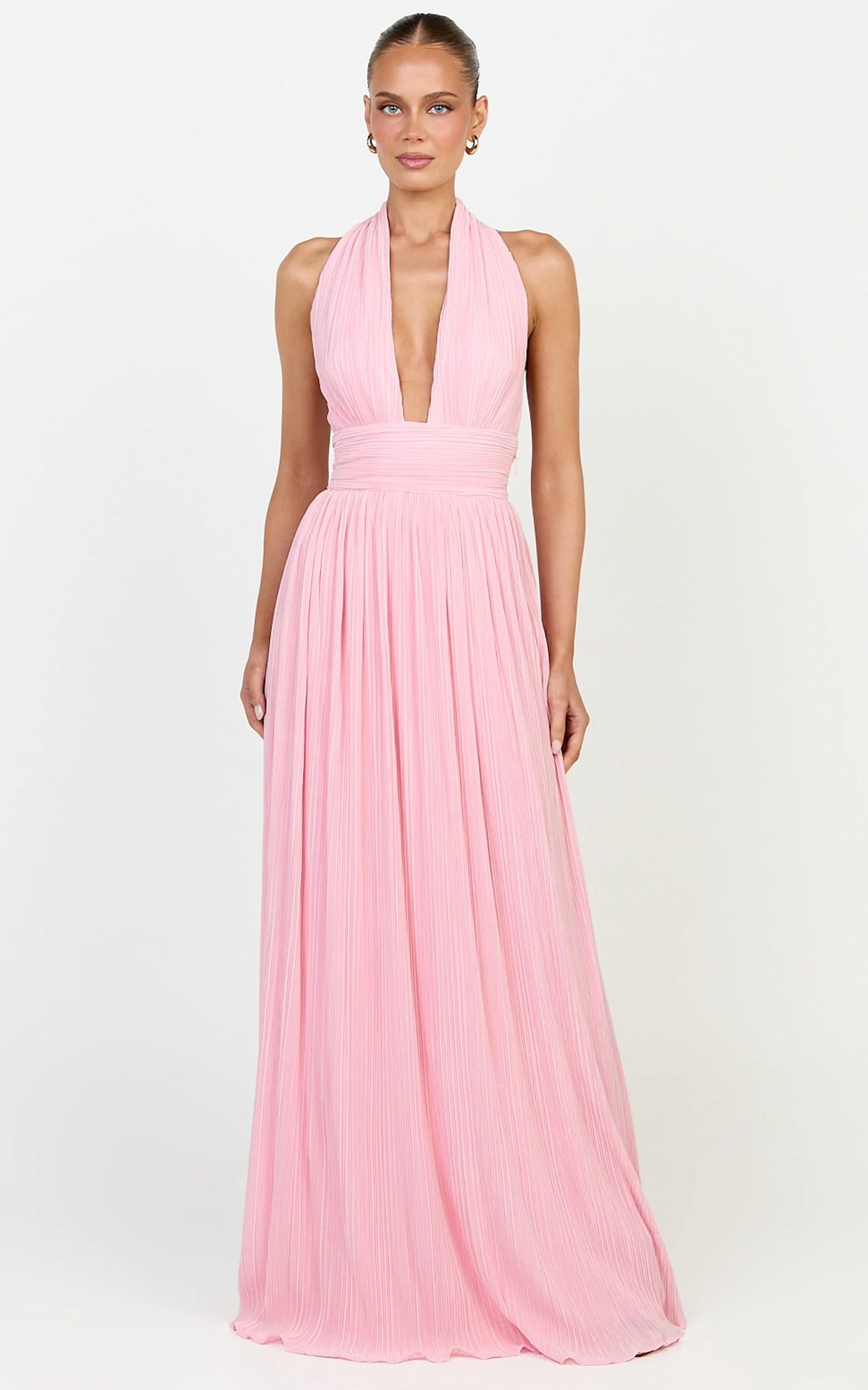Aurelia Maxi Dress - Plisse Halter Neck Dress in Pink
