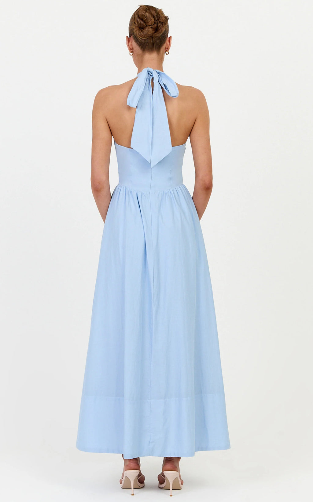 Everly Midi Dress - Tie Halter Neck Button Down Bodice Fit And Flare Dress in Cornflower Blue