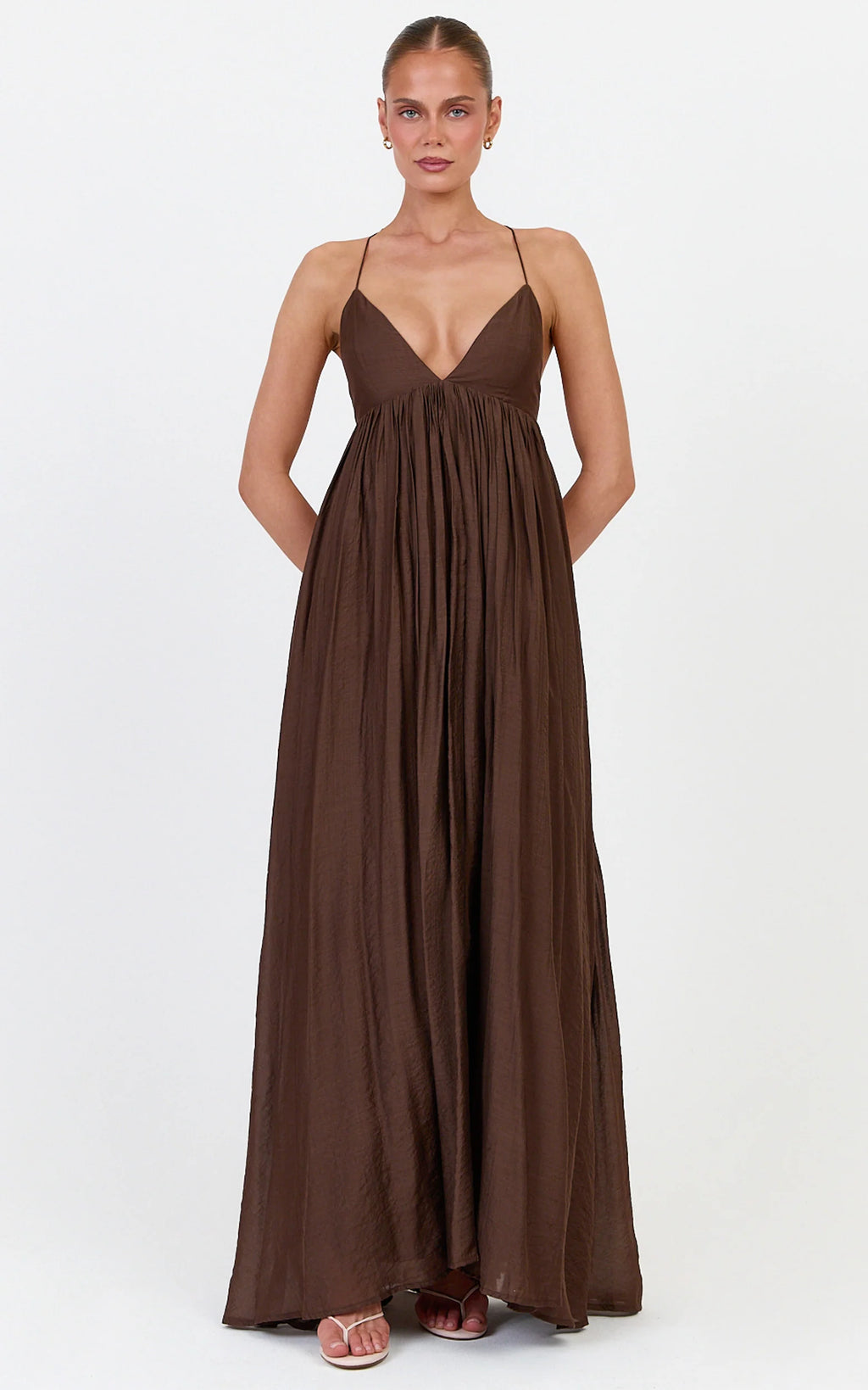 Kourtney Maxi Dress - V Neck Fit And Flare Dress With Tie Back Detail in Chocolate