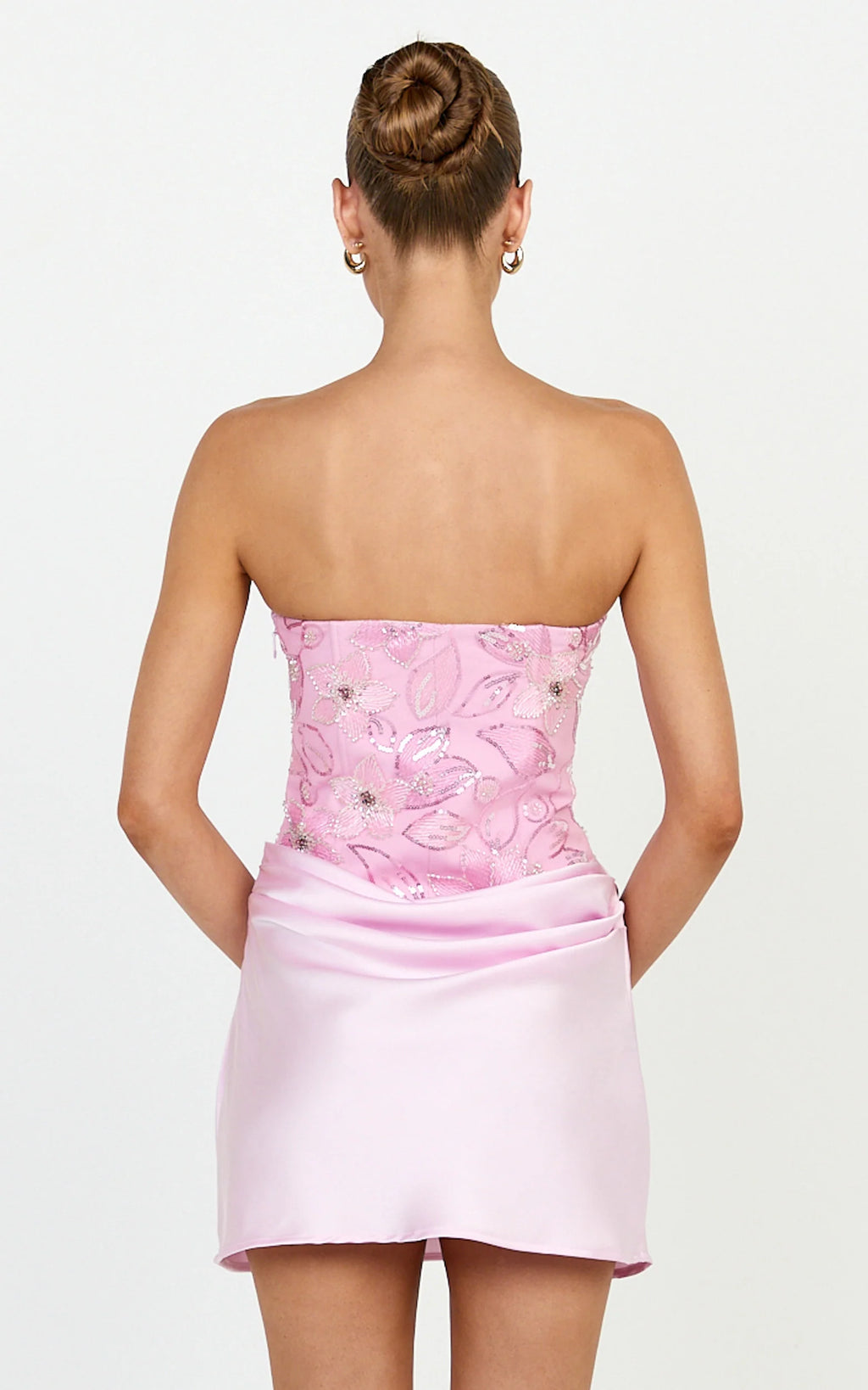 Amie Mini Dress - Strapless Sequin Bodice Dress With Draped Satin Skirt in Pink