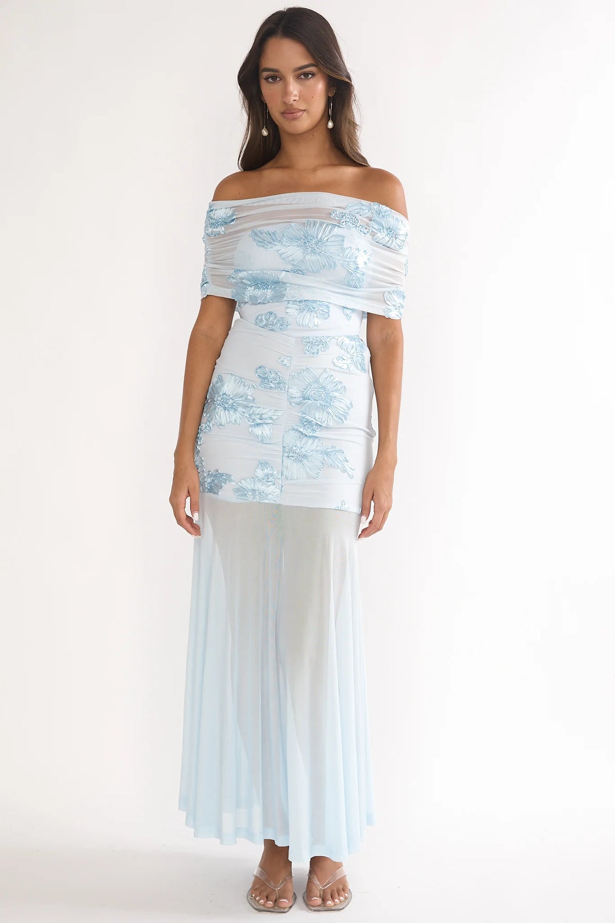 Clarita Sheer Ruched Maxi Dress Embellished Blue