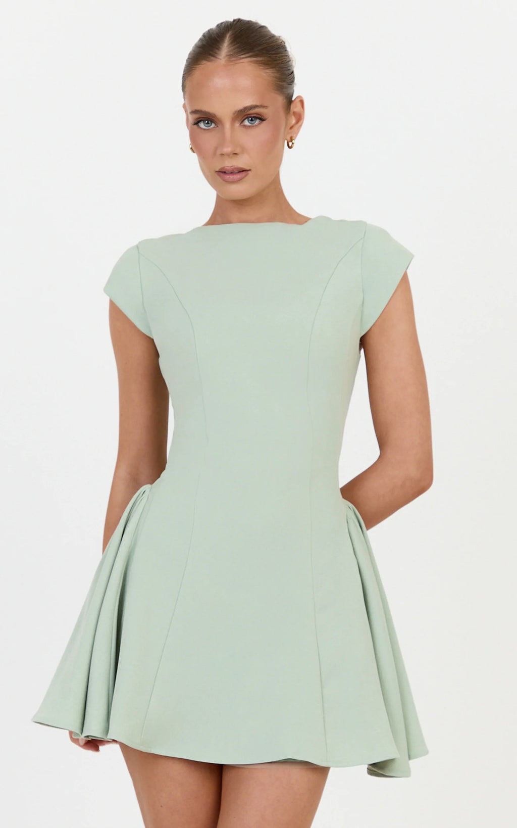 Lorayne Mini Dress - Cap Sleeve Gathered Hip Tie Back Mini Dress in Sage