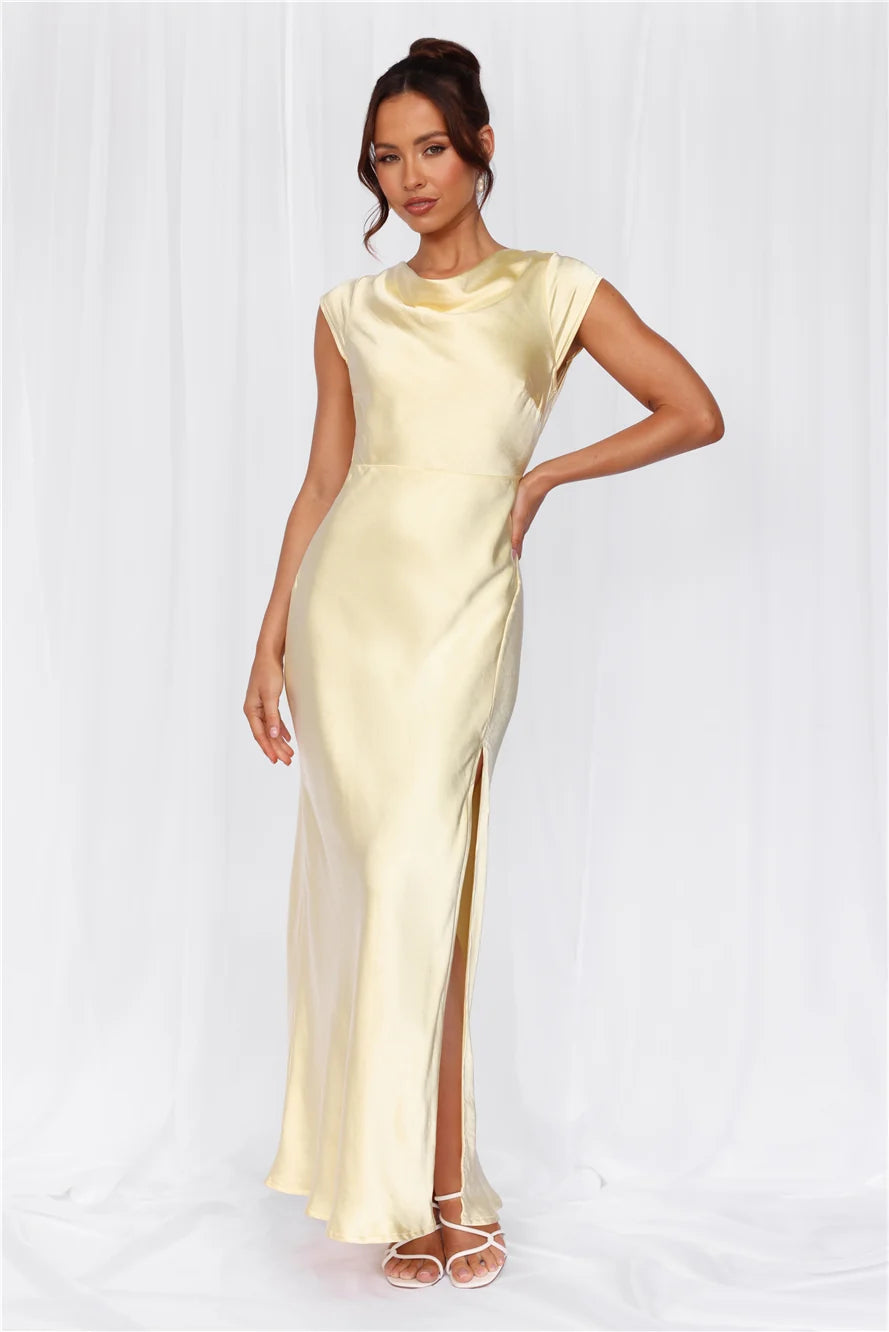 The Valentina Cap Sleeve Satin Maxi Dress Yellow