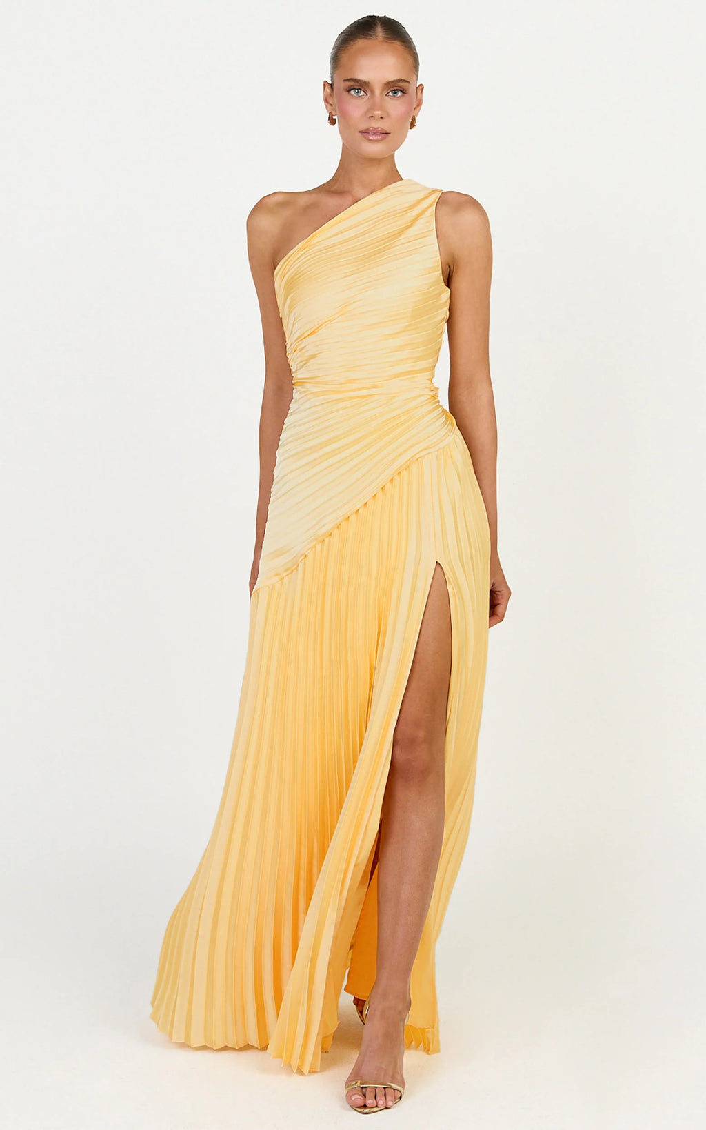 Clarissa Maxi Dress - One Shoulder Pleated Dress in Butter Yellow