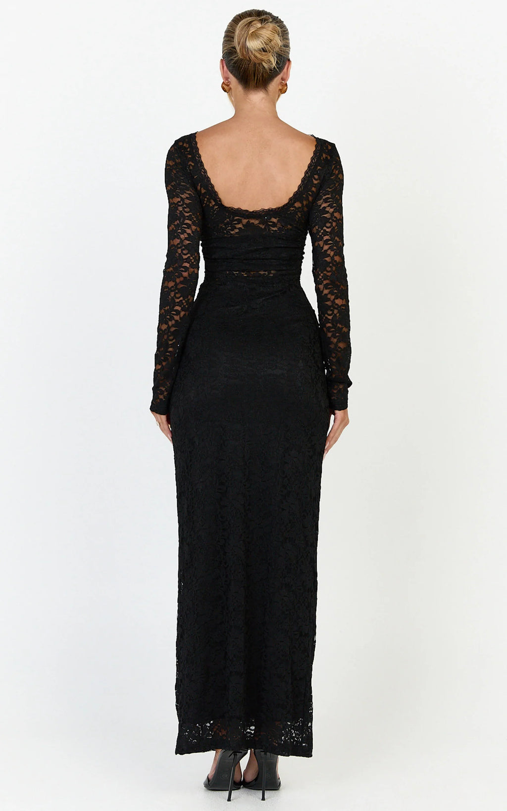 Skye Maxi Dress - Lace Long Sleeve Draped Waist Dress in Black