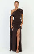 Bree Maxi Dress - Cape Tie Off Shoulder Fit And Flare Dress in Chocolate