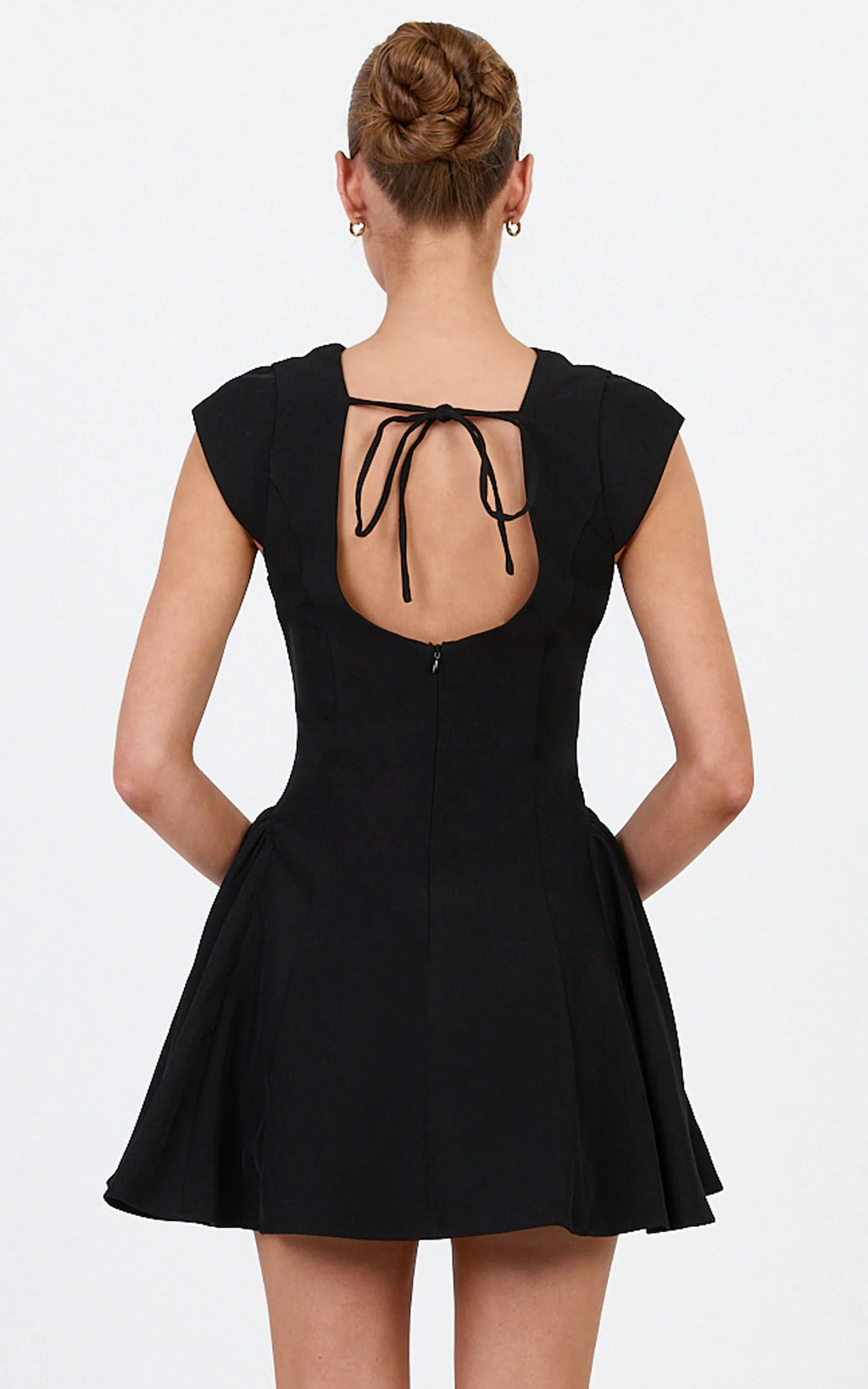 Lorayne Mini Dress - Cap Sleeve Gathered Hip Tie Back Mini Dress in Black