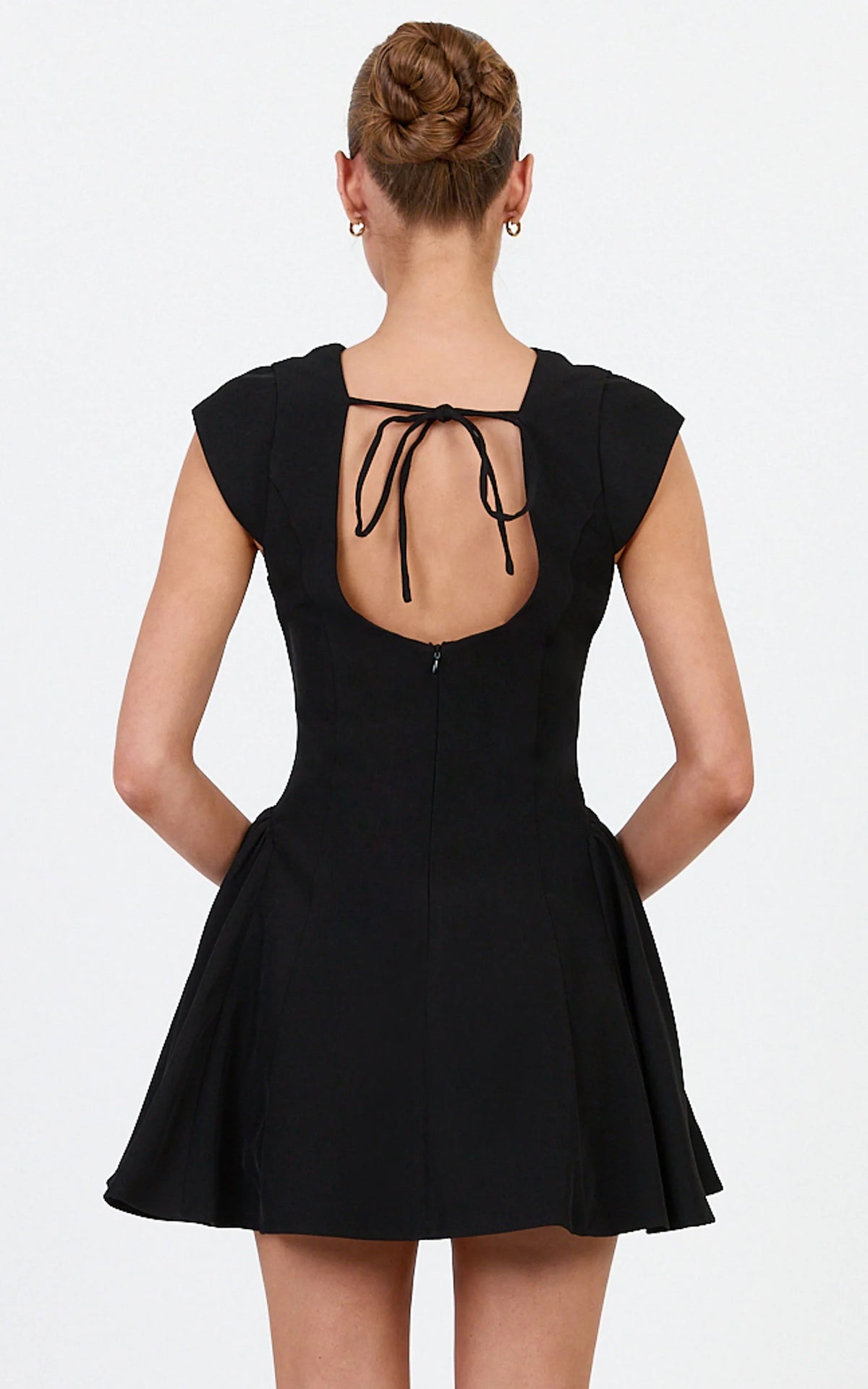 Lorayne Mini Dress - Cap Sleeve Gathered Hip Tie Back Mini Dress in Black