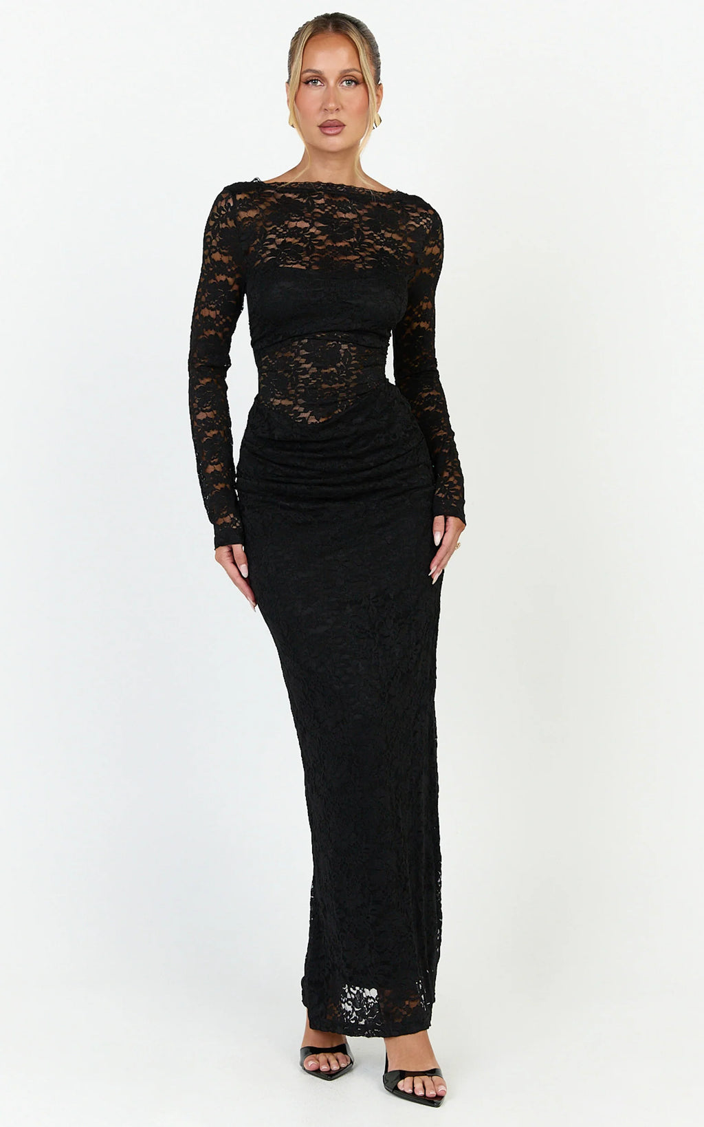 Skye Maxi Dress - Lace Long Sleeve Draped Waist Dress in Black