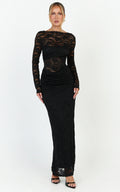 Skye Maxi Dress - Lace Long Sleeve Draped Waist Dress in Black
