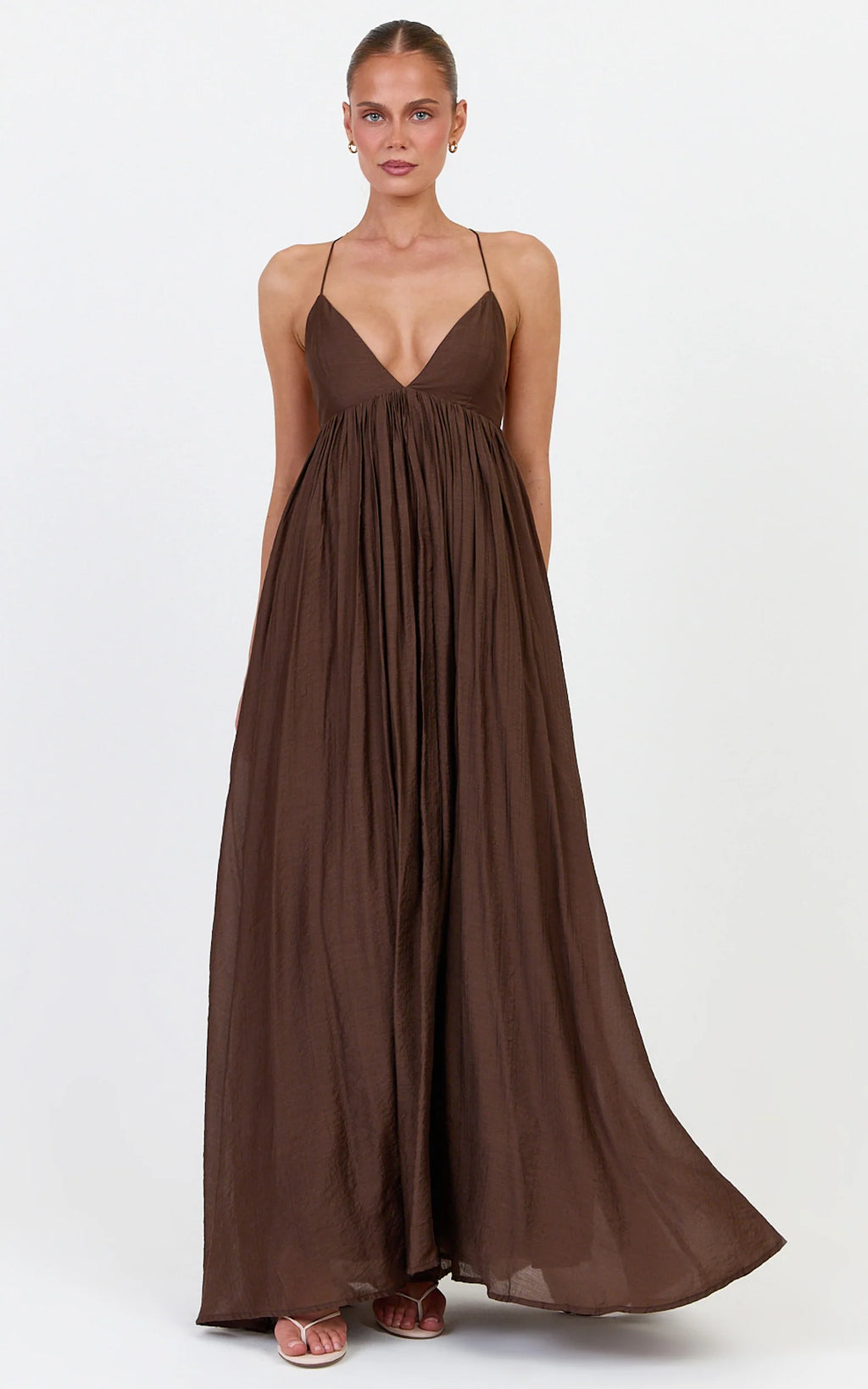 Kourtney Maxi Dress - V Neck Fit And Flare Dress With Tie Back Detail in Chocolate