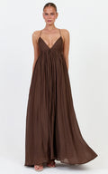 Kourtney Maxi Dress - V Neck Fit And Flare Dress With Tie Back Detail in Chocolate