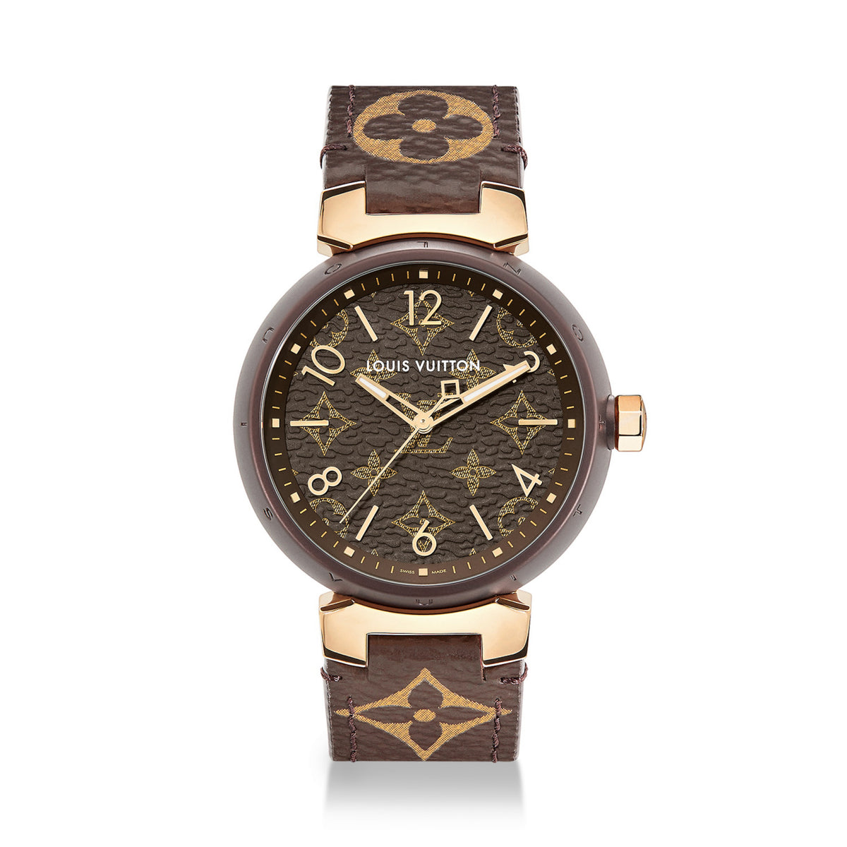 Louis Vuitton Tambour Monogram Watch Quartz Movement Canvas Strap 34mm Tan Dial 100m Water Resistant #98642