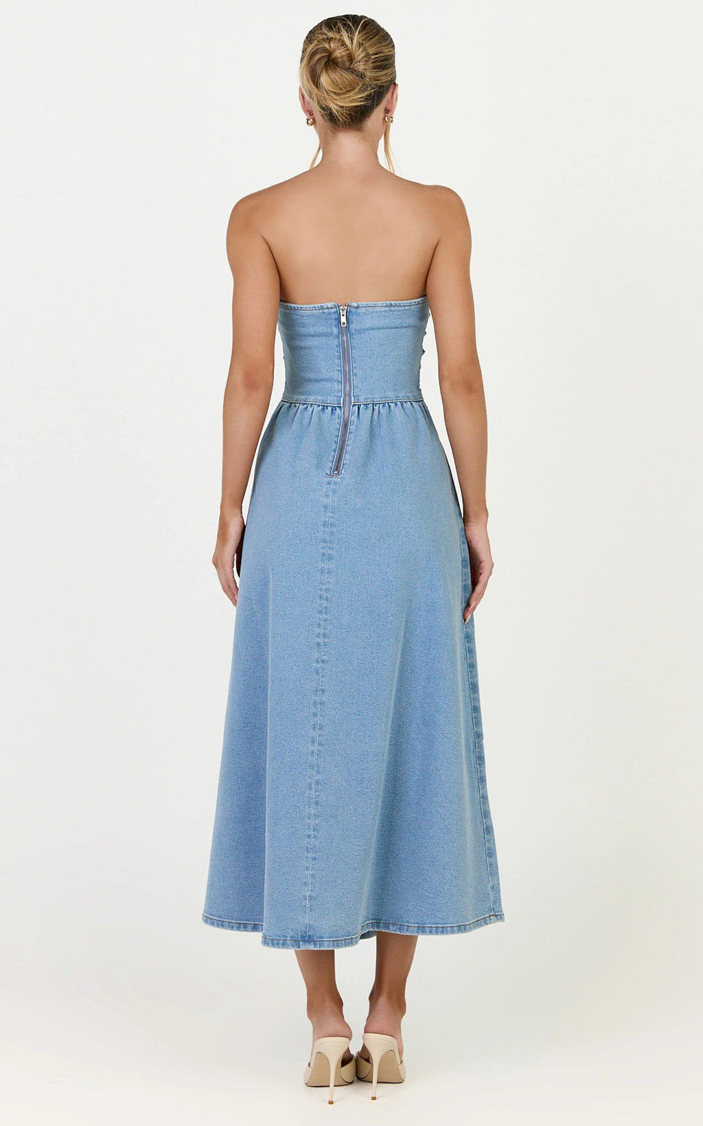 Isabella Midi Dress - Denim Strapless Ruched Dress in Mid Blue Wash