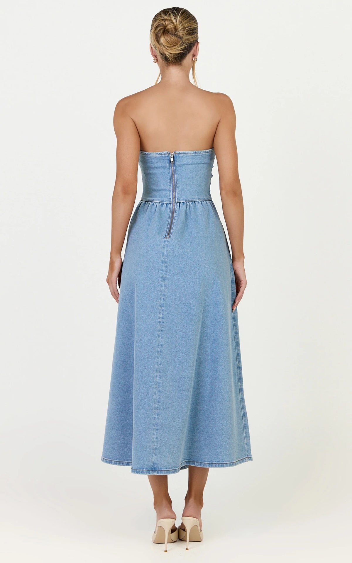 Isabella Midi Dress - Denim Strapless Ruched Dress in Mid Blue Wash