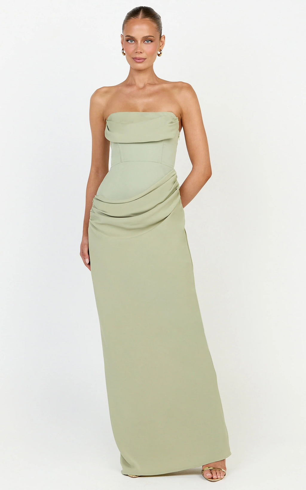 Phoebe Maxi Dress - Strapless Structured Bodice Drape Skirt Dress in Sage