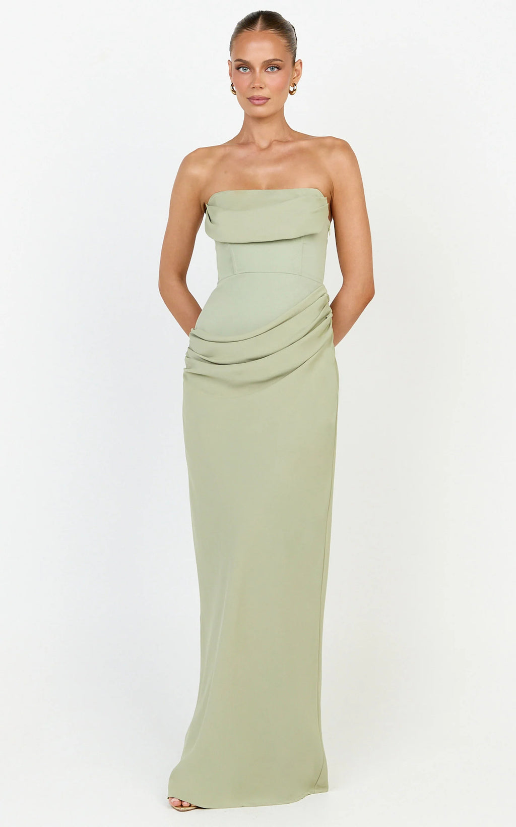 Phoebe Maxi Dress - Strapless Structured Bodice Drape Skirt Dress in Sage