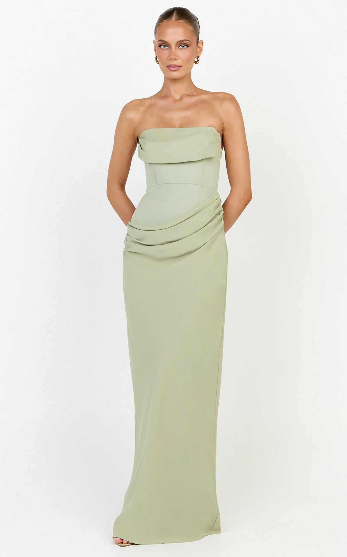 Phoebe Maxi Dress - Strapless Structured Bodice Drape Skirt Dress in Sage