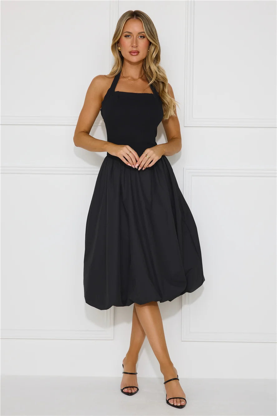 Rising Stars Halter Bubble Midi Dress Black