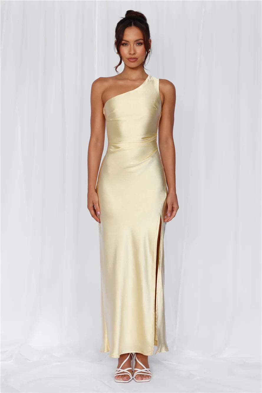 The Aurora One Shoulder Satin Maxi Dress Yellow