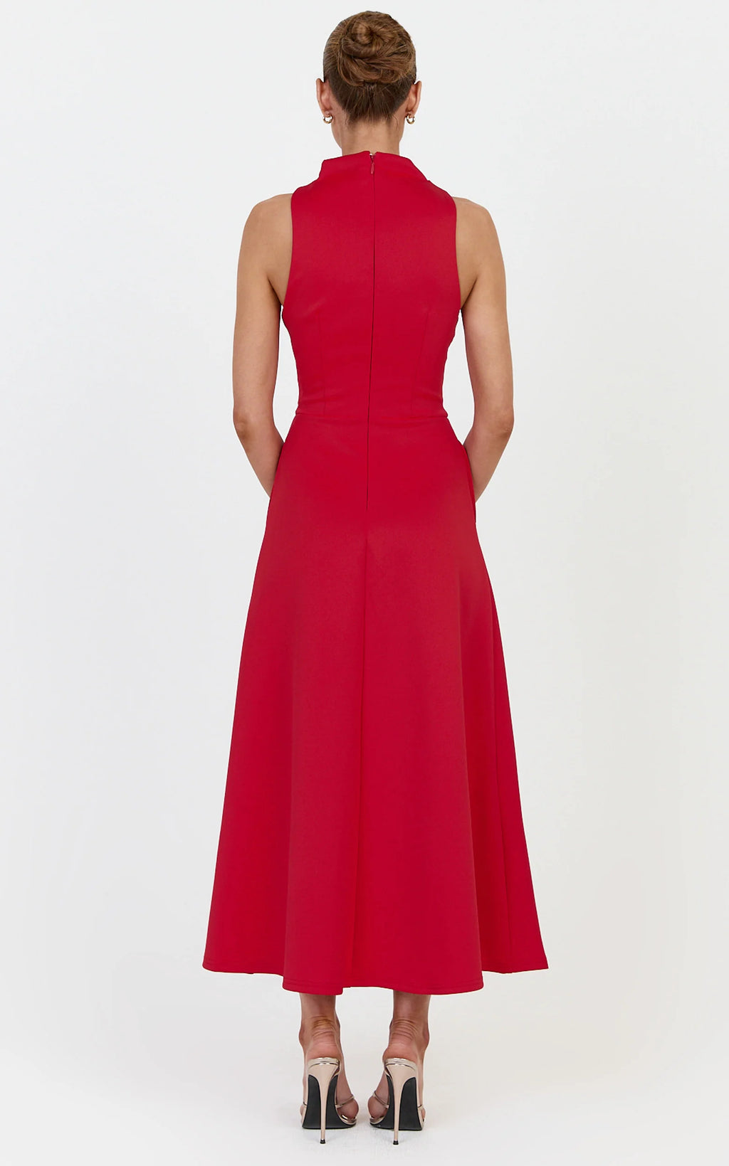 Macy Midi Dress - High Neck A Line Dress in Red