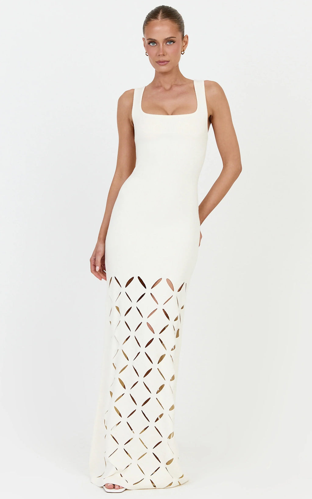 Sabrina Maxi Dress - Scoop Neck Laser Cut Dress in Cream