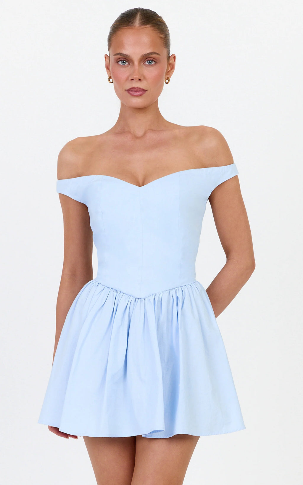 Lacey Mini Dress - Off Shoulder Gathered Waist Dress in Blue