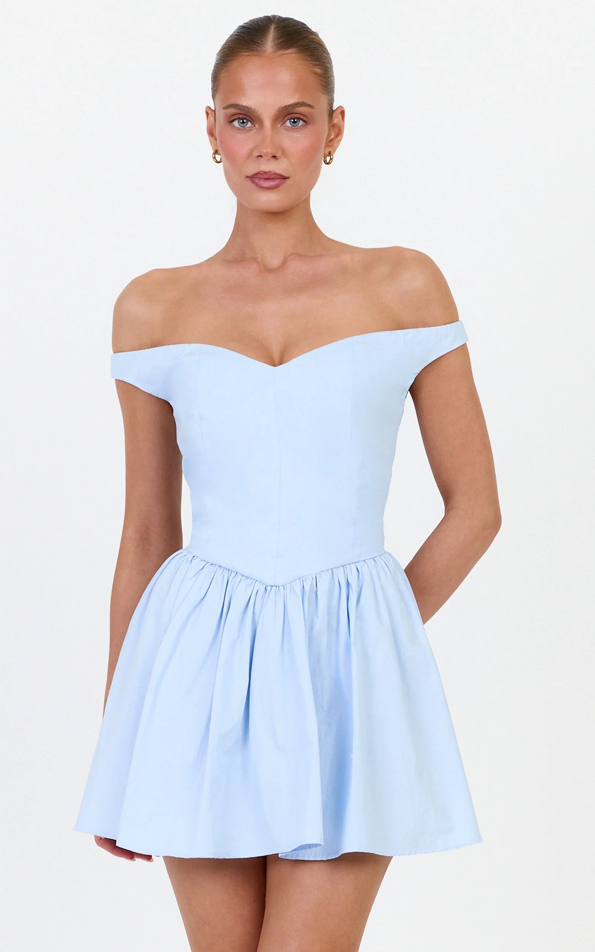 Lacey Mini Dress - Off Shoulder Gathered Waist Dress in Blue