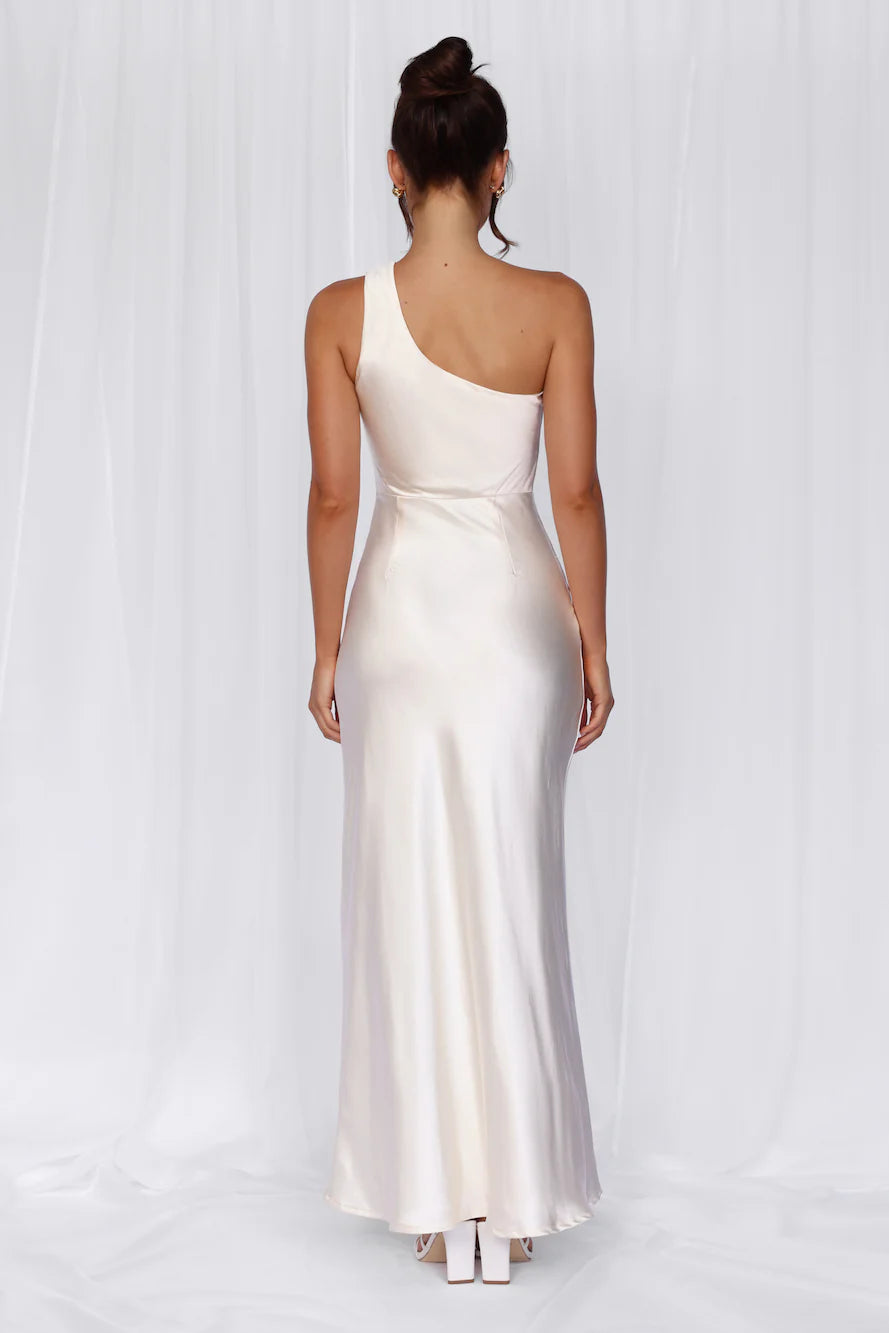 The Aurora One Shoulder Satin Maxi Dress Pearl