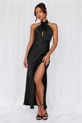The Adeline Halter Satin Maxi Dress Black