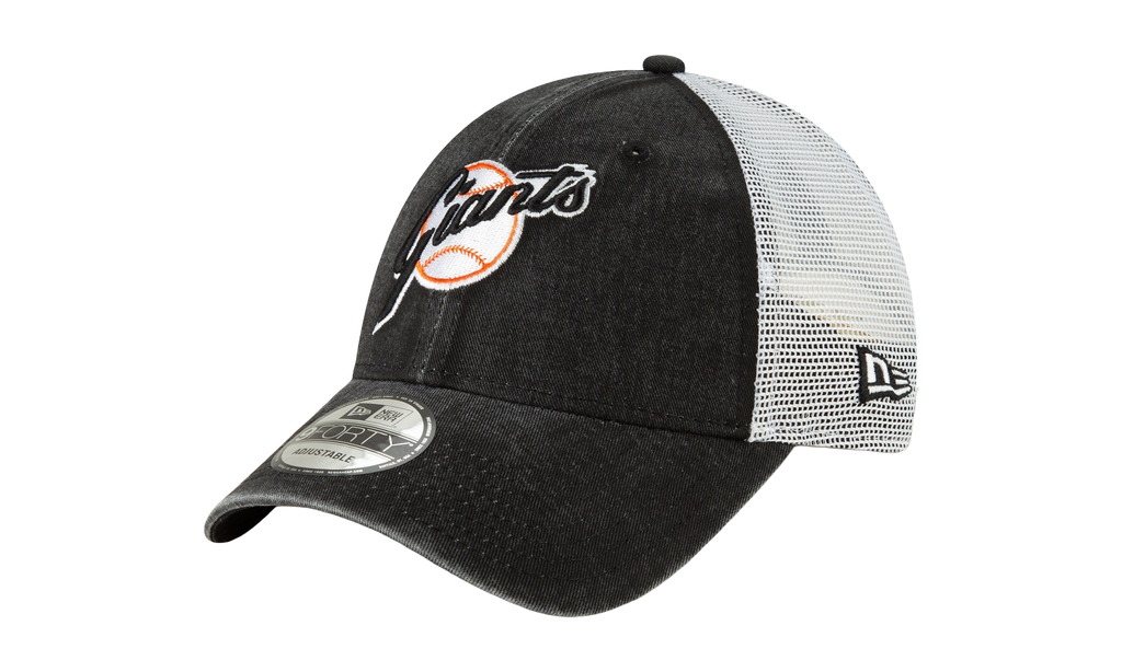 9FORTY San Francisco Giants 1973 Coop Trucker Snapback Hat Black Denim and White / Black - Brim NE716