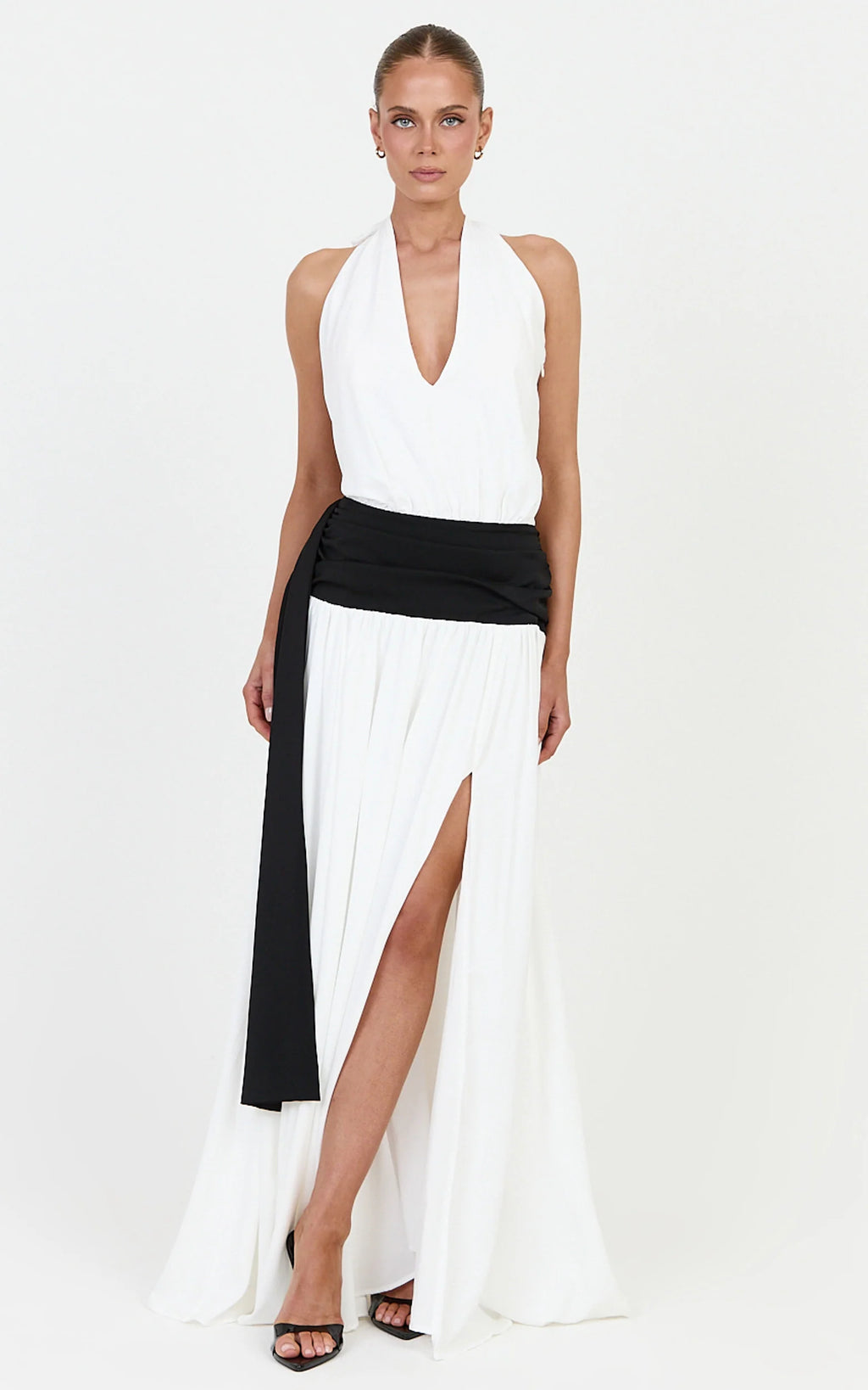 Erin Maxi Dress - Plunge Halter Neck Draped Dropped Waist Sash Dress in Cream