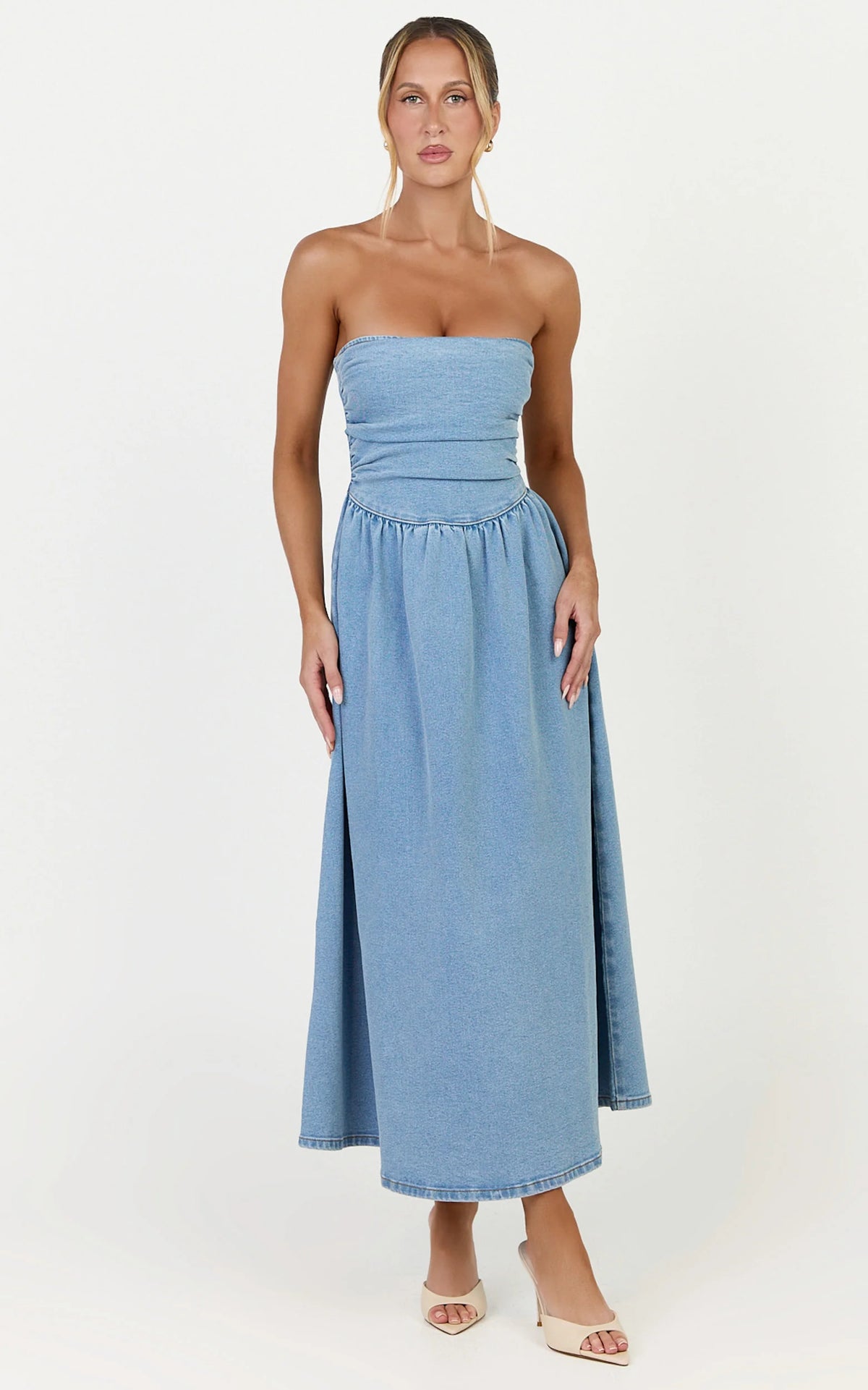Isabella Midi Dress - Denim Strapless Ruched Dress in Mid Blue Wash