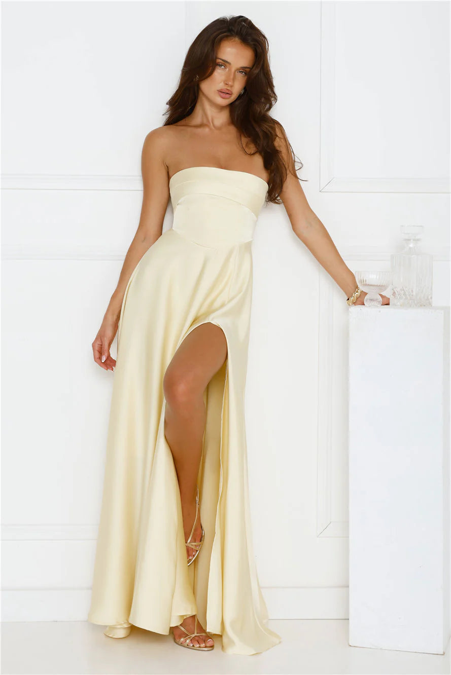 Unspoken Wishes Strapless Satin Maxi Dress Yellow
