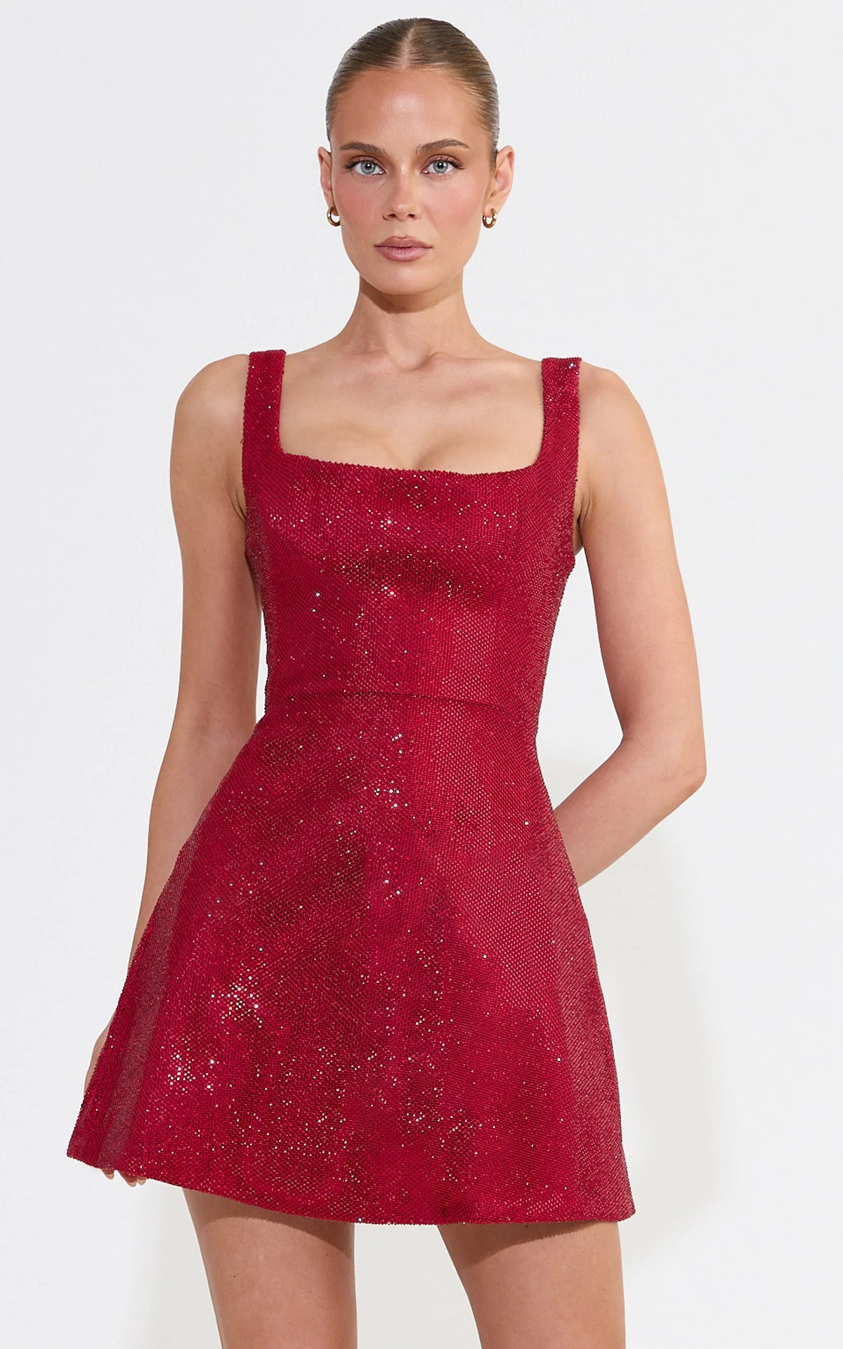 Gaia Mini Dress - Diamante Structured A Line Dress in Red Wine