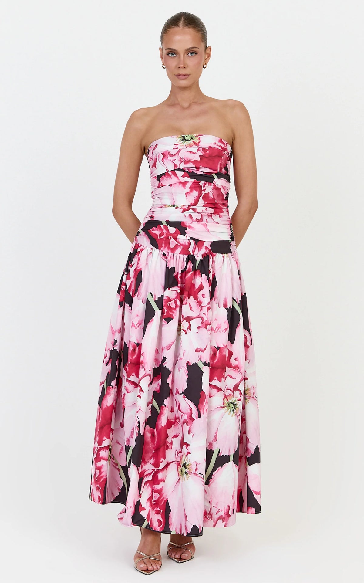 Isadora Midi Dress - Strapless Ruched Front Fit And Flare Dress in Poppy On Black Print