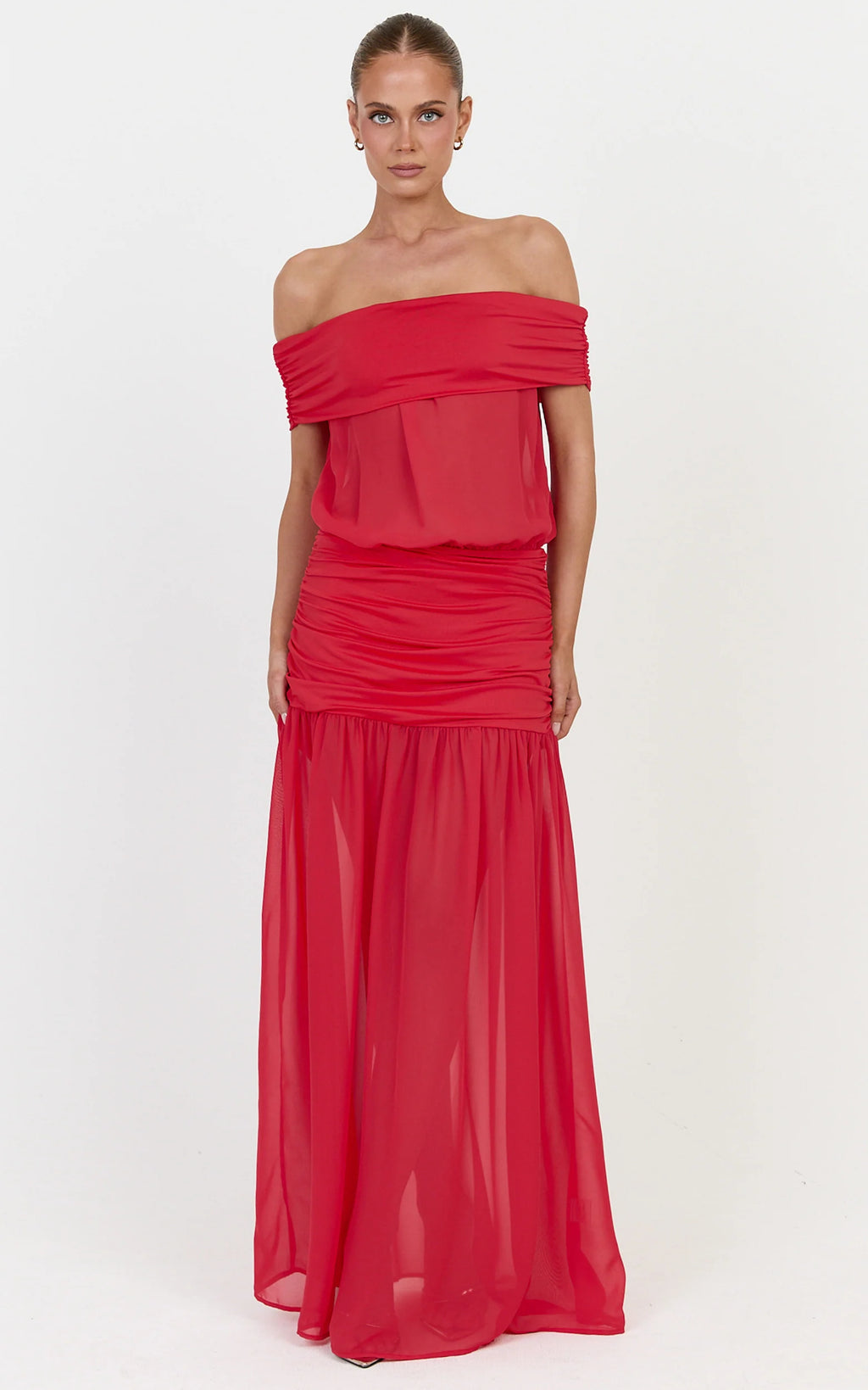 Rafaela Maxi Dress - Off The Shoulder Dropped Waist Dress in Red