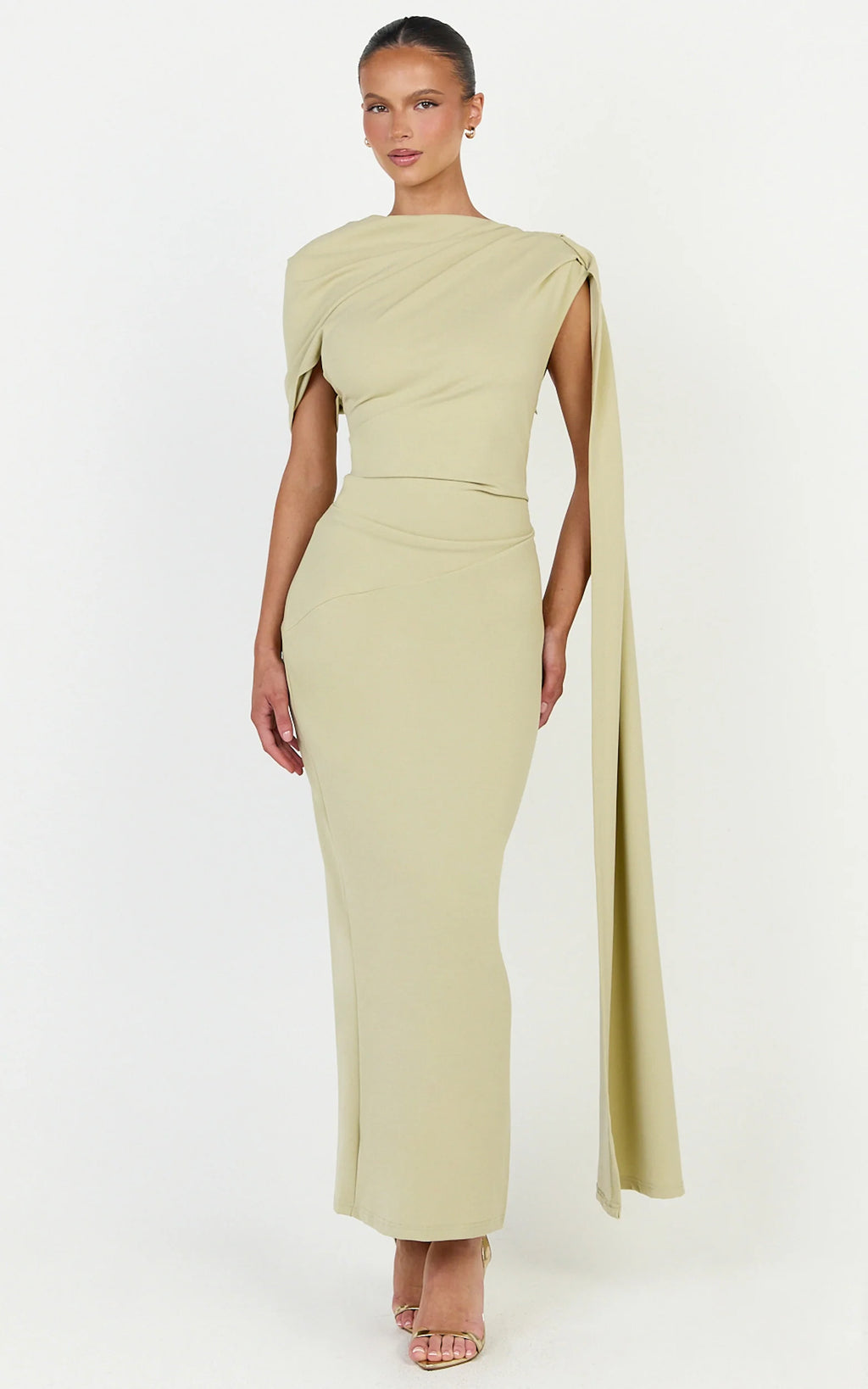 Visenta Midi Dress - Asymmetrical Sleeve Dress in Sage