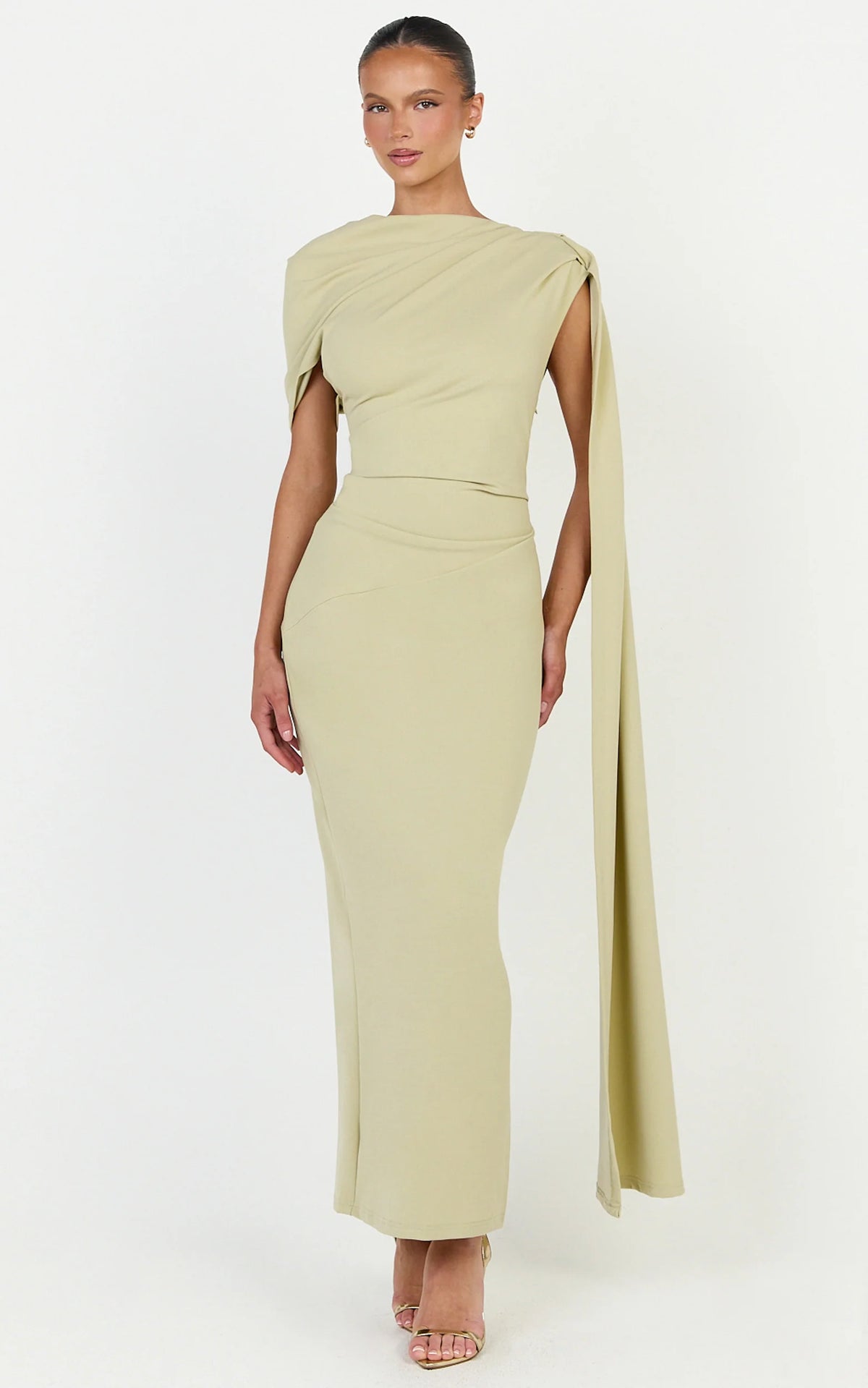 Visenta Midi Dress - Asymmetrical Sleeve Dress in Sage