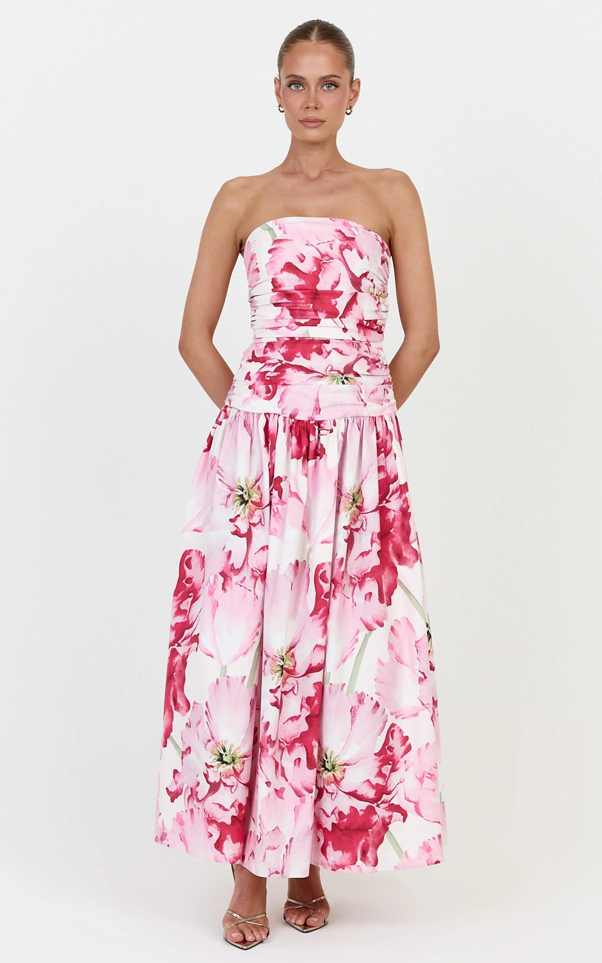 Isadora Midi Dress - Strapless Ruched Front Fit And Flare Dress in Poppy On White Print