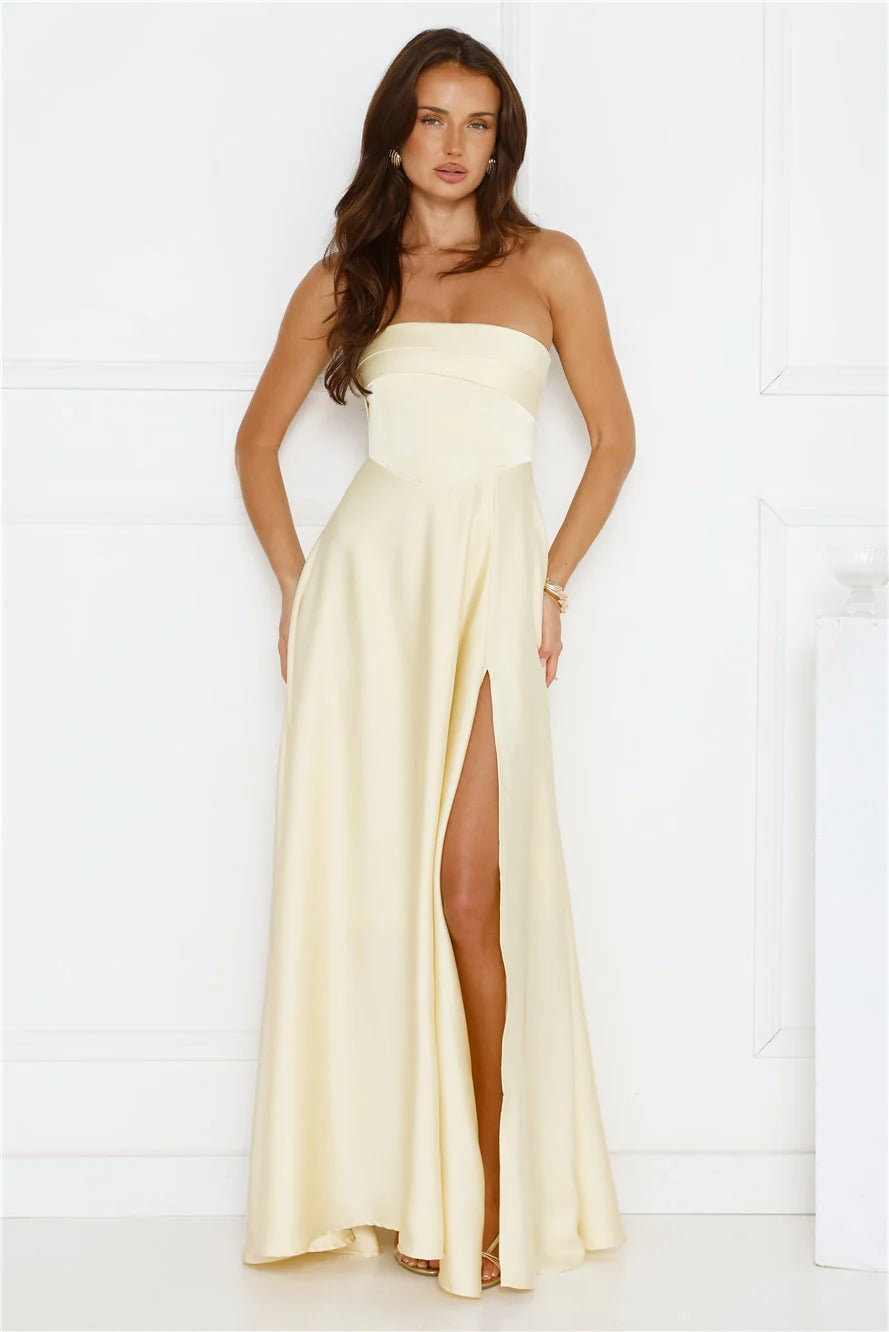 Unspoken Wishes Strapless Satin Maxi Dress Yellow
